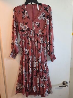 Collection B Mauve Floral V-Neck Smocked Dress